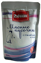 Четвероногий гурман Мясные кусочки в соусе для кошек с Телятиной (Паучи)