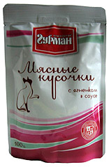 Четвероногий гурман Мясные кусочки в соусе для кошек с Ягненком (Паучи)