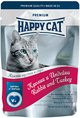 Happy Cat (Хэппи Кэт) консервы для кошек Нежные кусочки в соусе Кролик и Индейка с морковью (пауч)