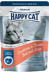 Happy Cat (Хэппи Кэт) консервы для кошек Нежные кусочки в желе Говядина и Печень с зеленым горошком (пауч)