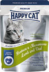Happy Cat (Хэппи Кэт) Нежные кусочки в желе Ягненок и Телятина с зеленой фасолью  (пауч)