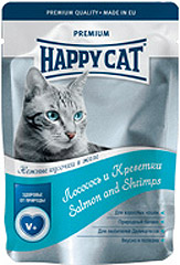 Happy Cat (Хэппи Кэт) Нежные кусочки в желе Лосось и Креветки  (пауч)